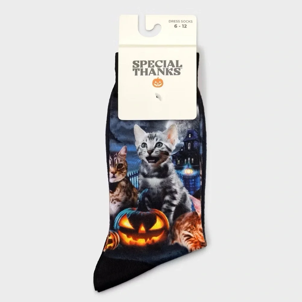 Men's nwt Special Thanks Halloween Black Cats & Pumpkin Crew Socks - 6-12